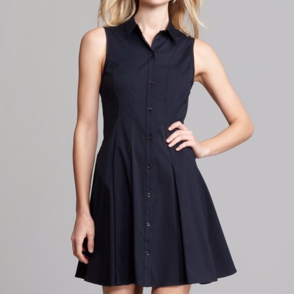 Theory Geniada Navy Blue Sleeveless Pleated Stretch Cotton Shirtdress Size 00